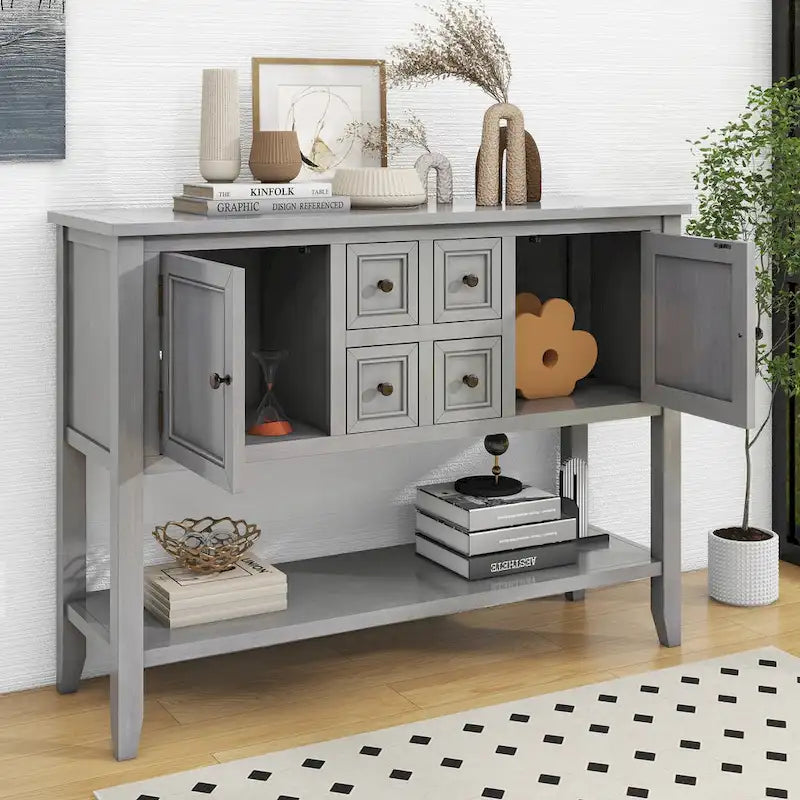 Ample Storage Vintage Console Table with Four Small Drawers and Bottom Shelf for Living Rooms, Entrances and Kitchens