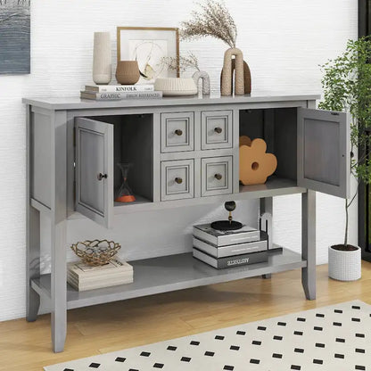 Ample Storage Vintage Console Table with Four Small Drawers and Bottom Shelf for Living Rooms, Entrances and Kitchens