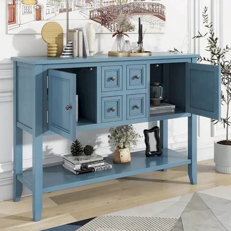 Ample Storage Vintage Console Table with Four Small Drawers and Bottom Shelf for Living Rooms, Entrances and Kitchens