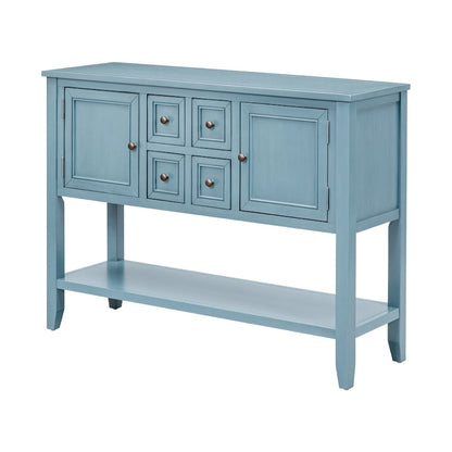 Ample Storage Vintage Console Table with Four Small Drawers and Bottom Shelf for Living Rooms, Entrances and Kitchens