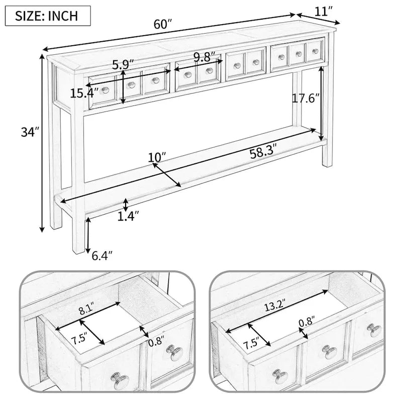 Rustic Entryway Console Table, 60 Long Sofa Table with two Different Size Drawers and Bottom Shelf for Storage