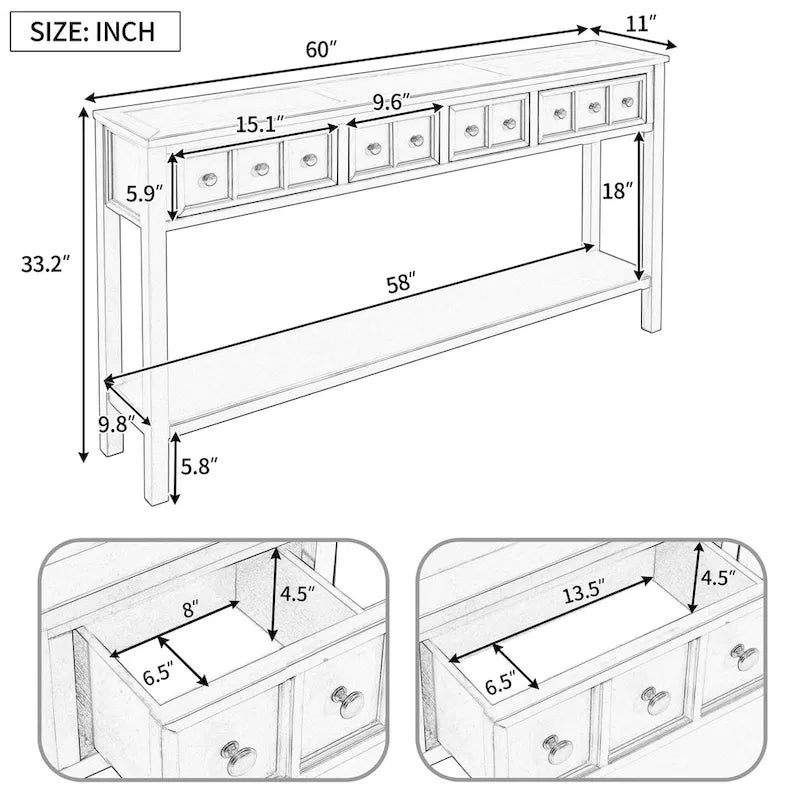 Rustic Entryway Console Table, 60 Long Sofa Table with two Different Size Drawers and Bottom Shelf for Storage
