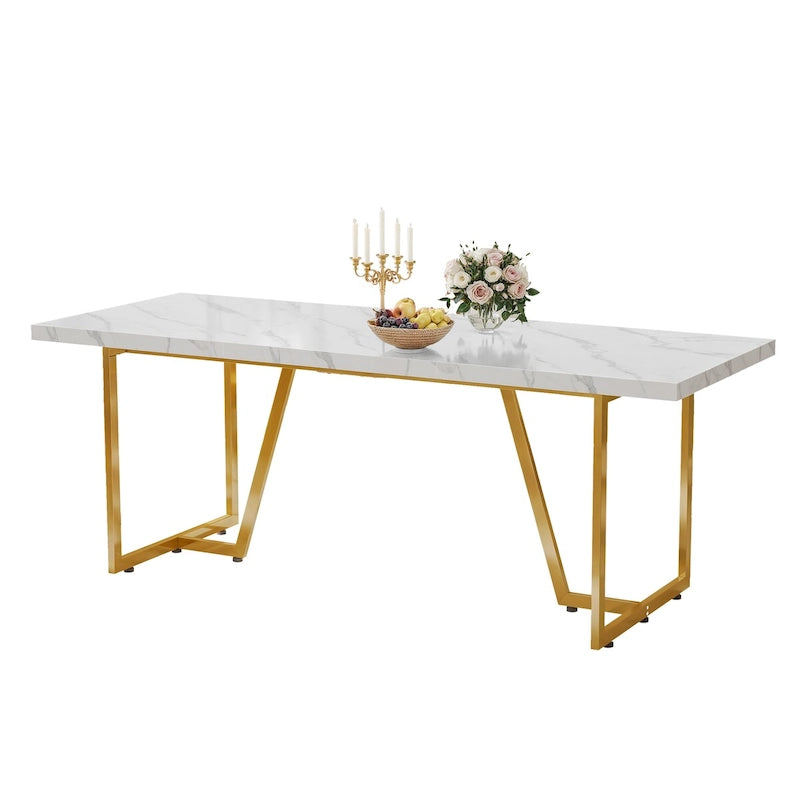 Moasis 82 Large Dining Table for 6-8 People with Faux Marble Tabletop and Metal Legs