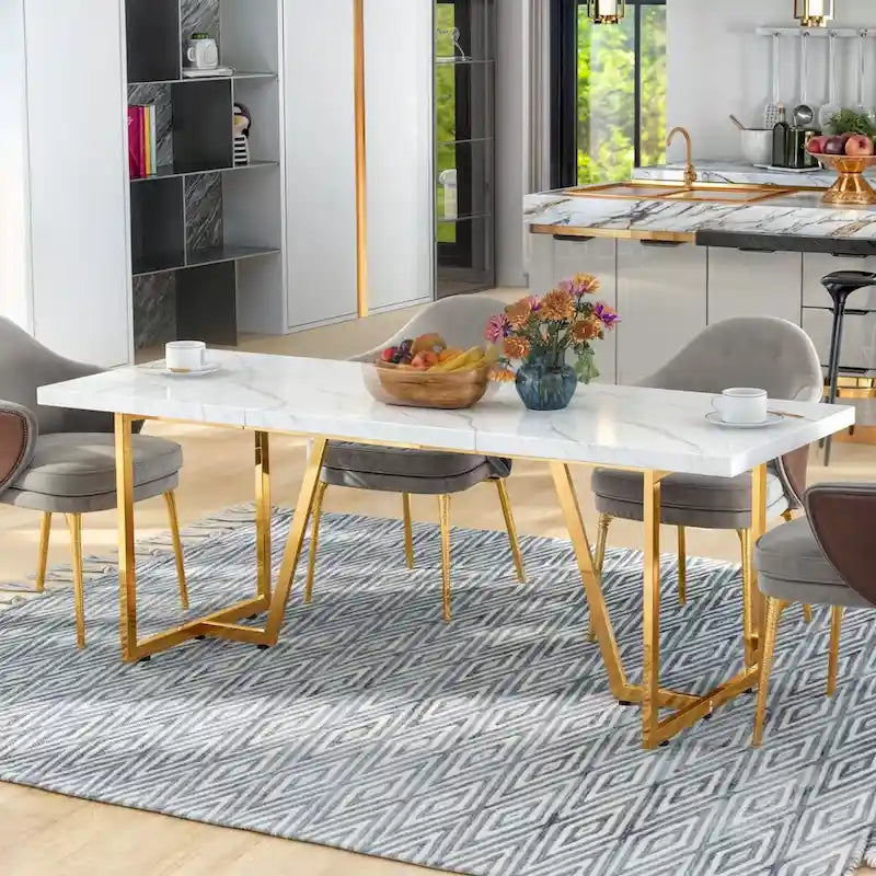 Moasis 82 Large Dining Table for 6-8 People with Faux Marble Tabletop and Metal Legs