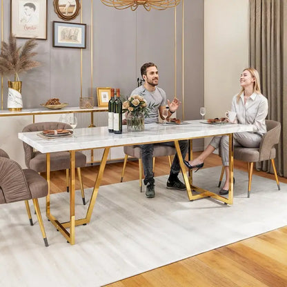 Moasis 82 Large Dining Table for 6-8 People with Faux Marble Tabletop and Metal Legs