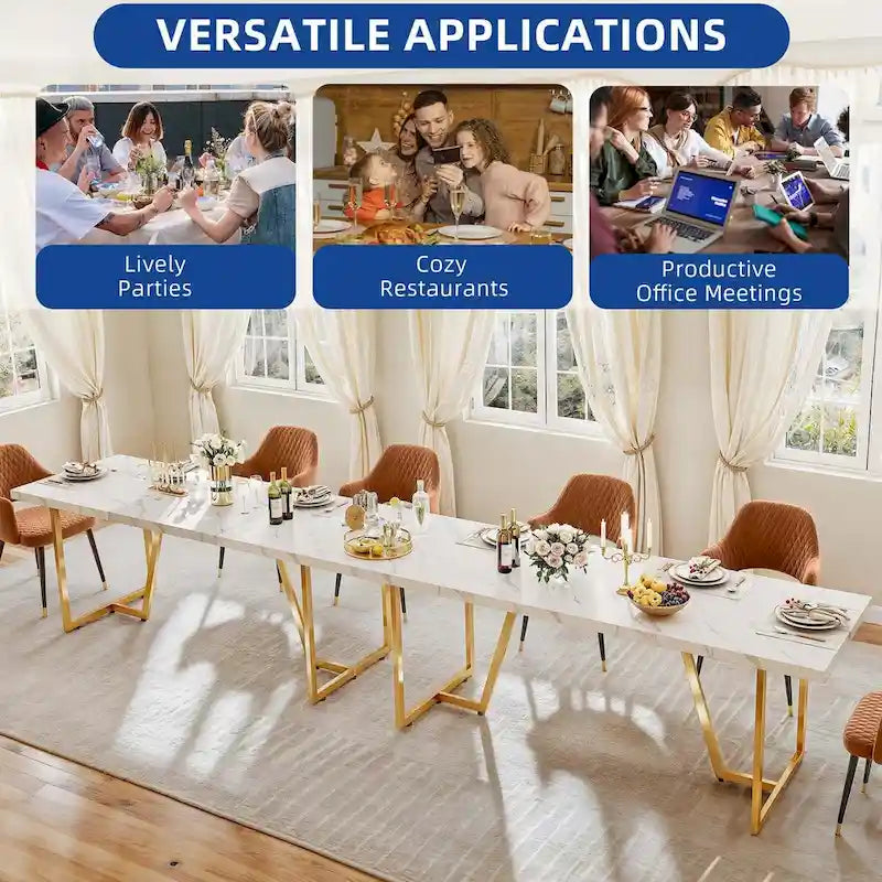 Moasis 82 Large Dining Table for 6-8 People with Faux Marble Tabletop and Metal Legs