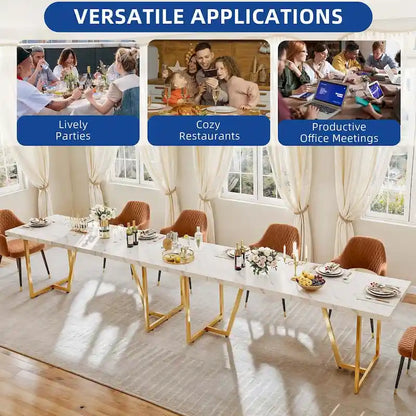 Moasis 82 Large Dining Table for 6-8 People with Faux Marble Tabletop and Metal Legs