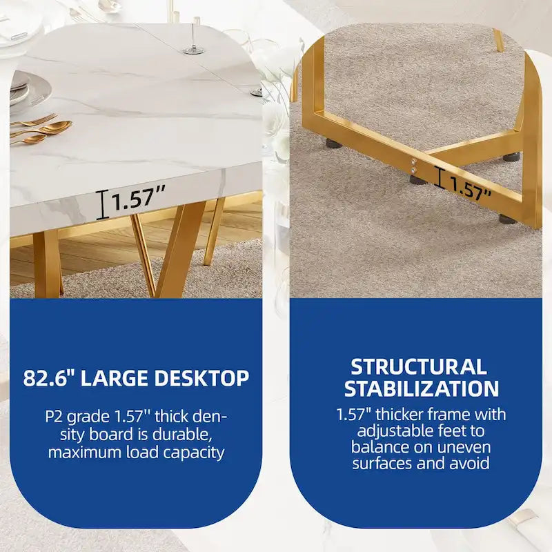 Moasis 82 Large Dining Table for 6-8 People with Faux Marble Tabletop and Metal Legs