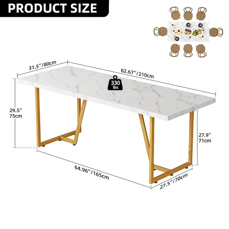 Moasis 82 Large Dining Table for 6-8 People with Faux Marble Tabletop and Metal Legs