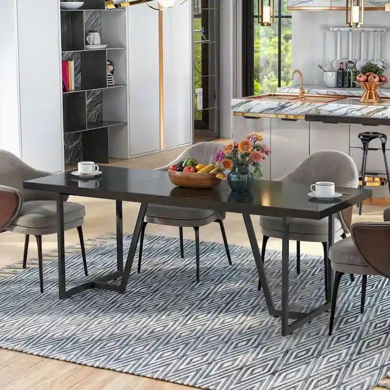 Moasis 82 Large Dining Table for 6-8 People with Faux Marble Tabletop and Metal Legs