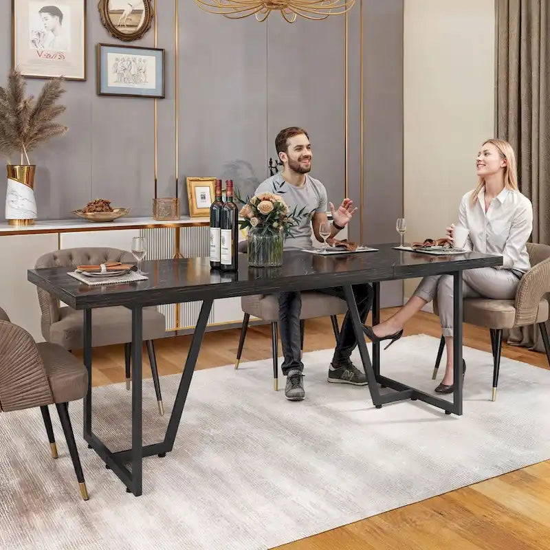 Moasis 82 Large Dining Table for 6-8 People with Faux Marble Tabletop and Metal Legs