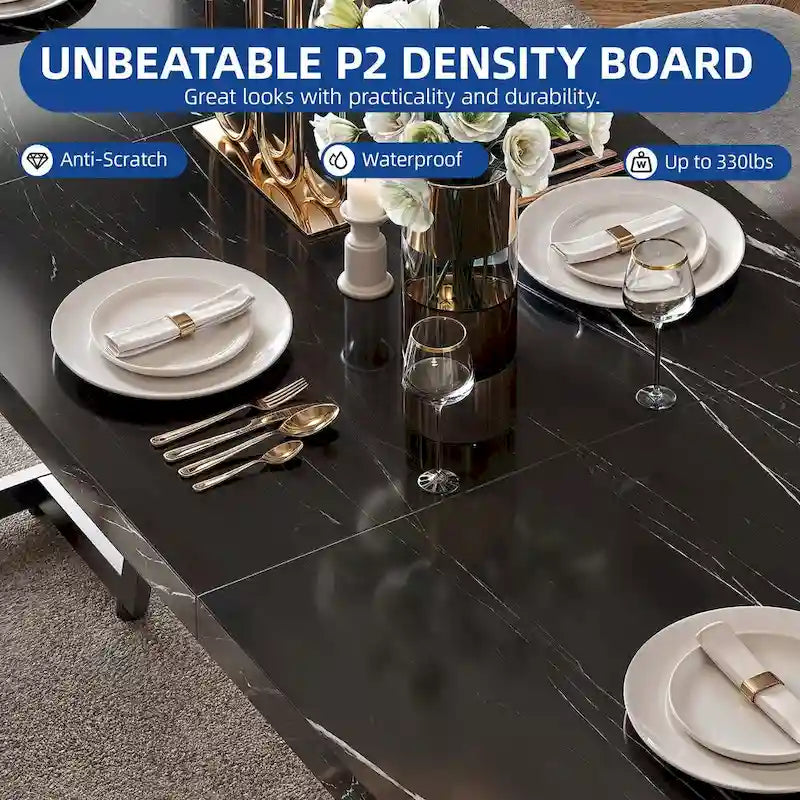 Moasis 82 Large Dining Table for 6-8 People with Faux Marble Tabletop and Metal Legs