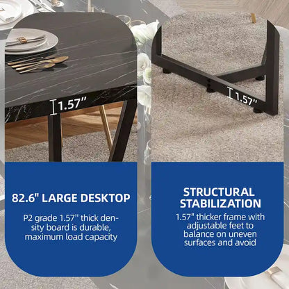 Moasis 82 Large Dining Table for 6-8 People with Faux Marble Tabletop and Metal Legs