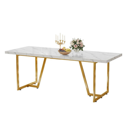 Moasis 82 Large Dining Table for 6-8 People with Faux Marble Tabletop and Metal Legs