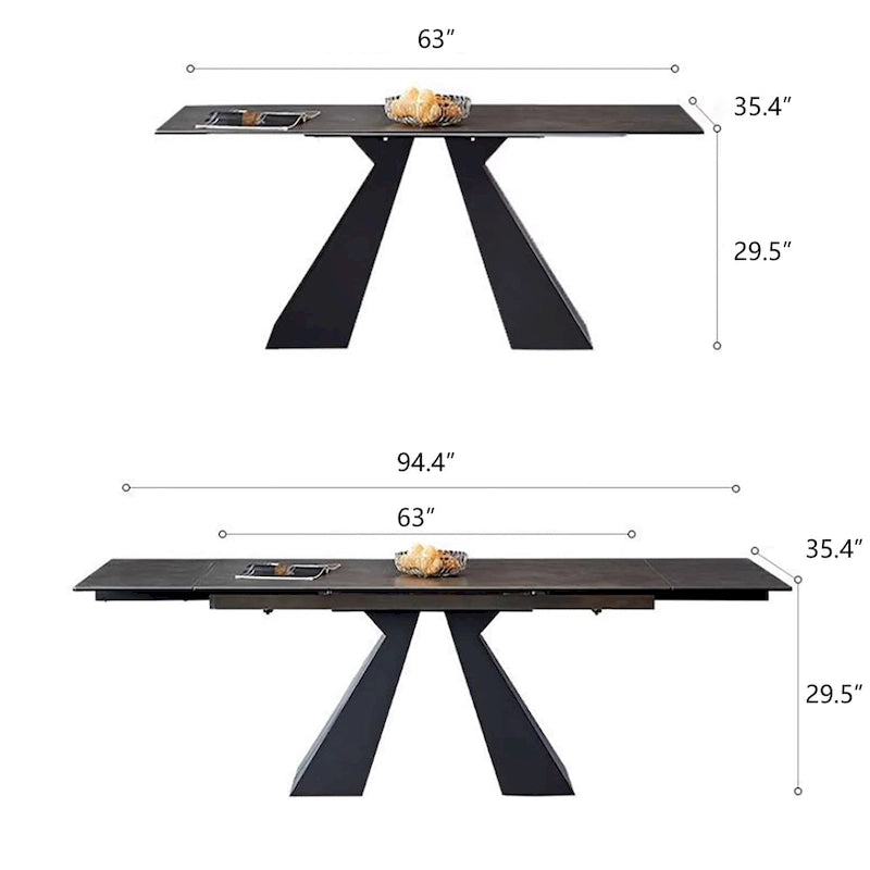63-95 Extendable Modern Dining Table, Matte Sintered Stone Table Top, Modern Kitchen Table for 6-10 - 94.5 x 35.4