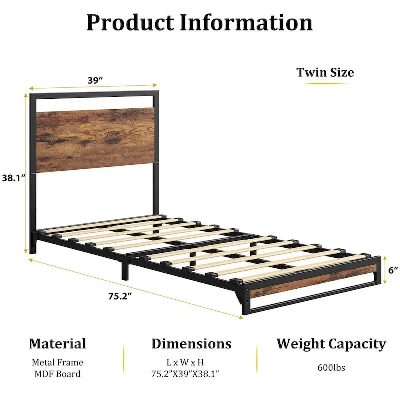 Metal Platform Bed Frame with Wooden Headboard and Footboard