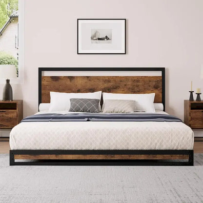 Metal Platform Bed Frame with Wooden Headboard and Footboard