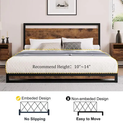 Metal Platform Bed Frame with Wooden Headboard and Footboard