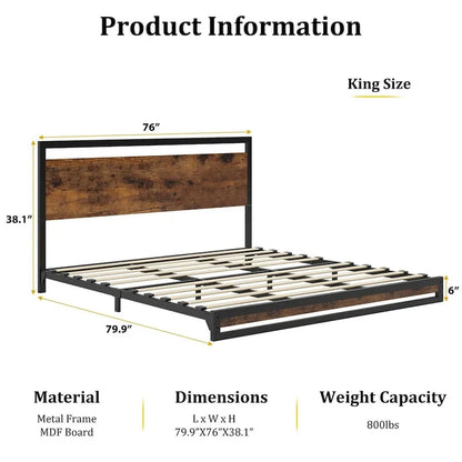 Metal Platform Bed Frame with Wooden Headboard and Footboard