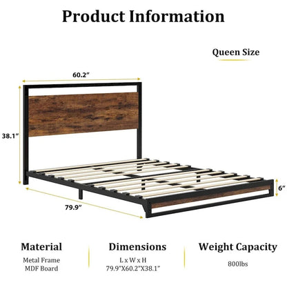 Metal Platform Bed Frame with Wooden Headboard and Footboard