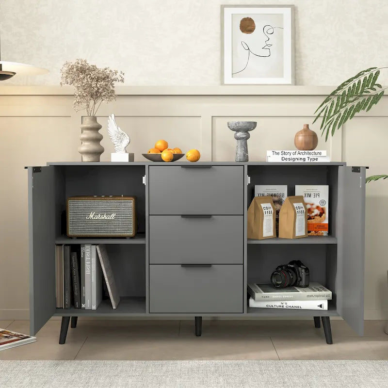 Sideboard Buffet Cabinet with Storage, Wood Coffee Bar Cabinet with Drawers & Doors