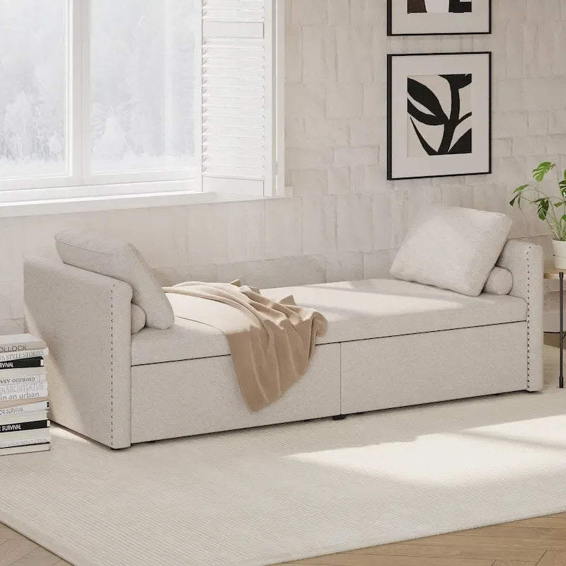 Modern Upholstered Chaise Lounger Daybed Small Single Daybed with 2 Drawers for Living Rooms