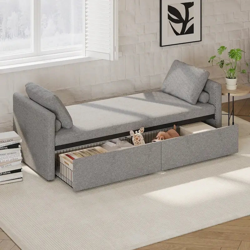 Modern Upholstered Chaise Lounger Daybed Small Single Daybed with 2 Drawers for Living Rooms