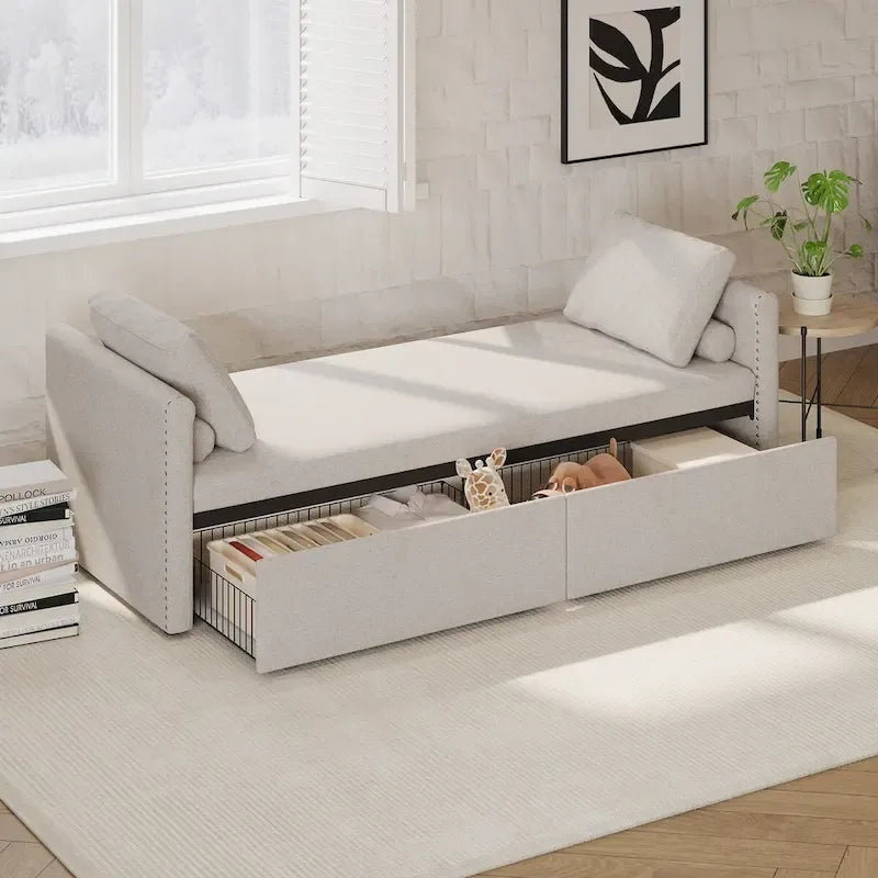 Modern Upholstered Chaise Lounger Daybed Small Single Daybed with 2 Drawers for Living Rooms