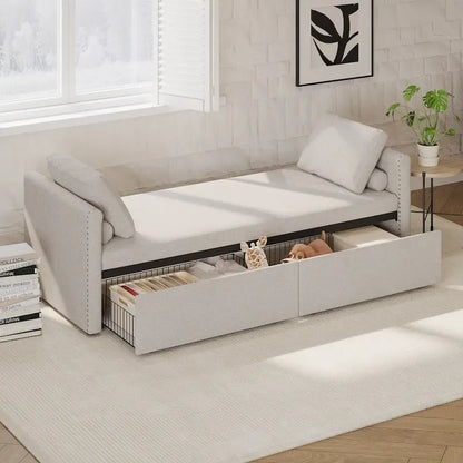 Modern Upholstered Chaise Lounger Daybed Small Single Daybed with 2 Drawers for Living Rooms