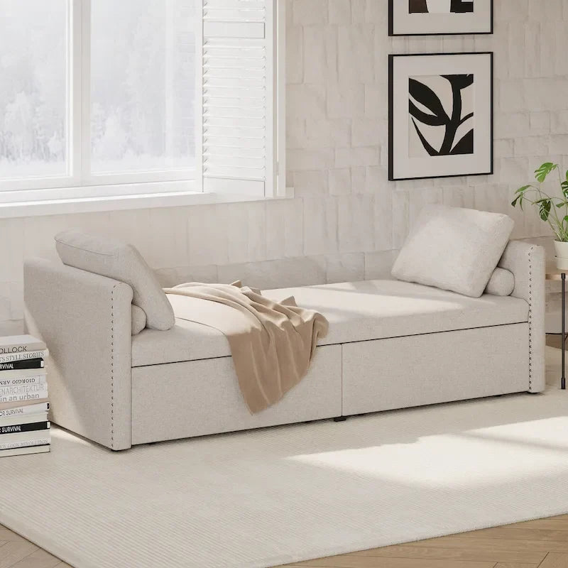Modern Upholstered Chaise Lounger Daybed Small Single Daybed with 2 Drawers for Living Rooms
