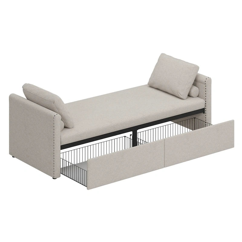 Modern Upholstered Chaise Lounger Daybed Small Single Daybed with 2 Drawers for Living Rooms